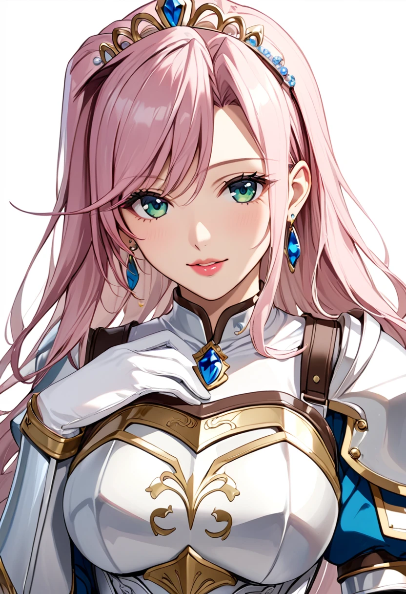 ((masterpiece)), Highest quality, Very detailed,(One Girl),charlotte_hazelrink, pink hair, long hair, Blue eyes, large breasts, dress, gloves, jewelry, Cleavage, Princess,elbow gloves,tiara,brooch,white gloves、Adult female、thin、so beautiful、Beautiful Face、(((Blue and white armor、breastplate、Shiny Armor:1.2)))、Has a bow、Gold earrings、Gray Hair, Green Eyes, Pink Lips、whole body