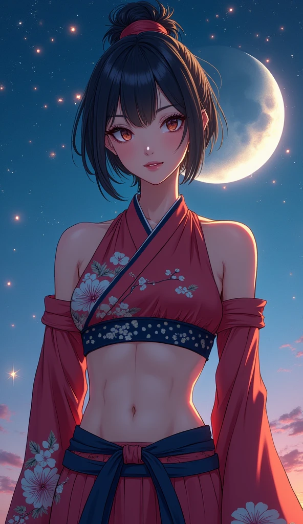 highest quality、Realistic、Night Sky、full moon、moonlight、cherry blossoms、Adult Woman、Japanese、zoom、look up、cute、Grey Eyes、Black Hair、Short Hair、Female ninja、Ninja、White underwear、背中にNinja刀、Face close-up、slender