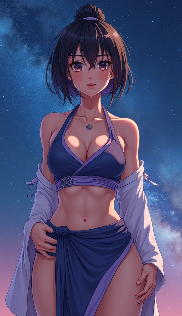 ((Master quality, 8K, masterpiece:1.3, ultra-detailed, high resolution, RAW Photos, detailed , blurry, Actual, hyper realistic, photo, HDR)), BREAK, Anatomically perfect, perfect hands, perfect legs, perfect feet, detailed eyes, BREAK, One person alone, yoruichi shihouin, long hair, (yellow eyes:1.5), ponytail, purple hair, (((dark skin, dark-skinned female))),, BREAK, beautiful face, beautiful detailed eyes, (staring at the camera , Sitting, Soak up to your chest in hot springs), , ( Round and Stacked Breasts, ), Cleavage, abs, (((blush, seductive smile ))), Sweat-soaked skin, BREAK, wearing(, chest sarashi:2.5 only , wide Loincloth fundoshi, Soaking Wet:1.5, ), , Graffiti art, BREAK, ( Random Angle, full-body, ), dynamic angle, , background(Realistic , cinematic lighting, depth of field, night , only one the full moon,, Secret Realm atmosphere, Open-air hot spring , (((Rising steam))), light particles)