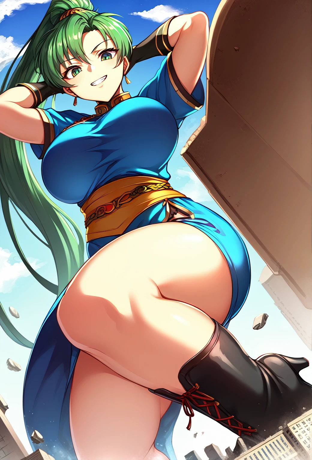 master piece, best quality, extremely detailed CG unity 8k wallpaper, ultra-detailed, detailed face, detailed eyes, 8K, front view, official art, anime style, perfect anatomy, 

athletic curvy physique, inverted body type, attractive feminine curves,  big breasts, curvy legs and arms, feminine curvy figure, (thick thighs, thick calves, thick voluptuous legs, big curvy hip, bare knees, bare thighs), ((style of plump voluptuous body)), 

brown elbow gloves, brown over-the-calf boots, long laced boots,
deep green high ponytail hair, green eyes, 

1 beautiful giant woman, looking down with alluring smile, smirk, (yokozuwari:1.3), sitting on side, leaning to the building, arms up behind head, ruins, looming, teeth, ((sitting on building, crossing legs)),

GTS, giantess, jvdaniang, building size, defLyn, green hair, high ponytail, blue dress, short sleeves, sash, side slit, fingerless gloves, lace boots, high heel boots, giaro boots, piercing toes, 

