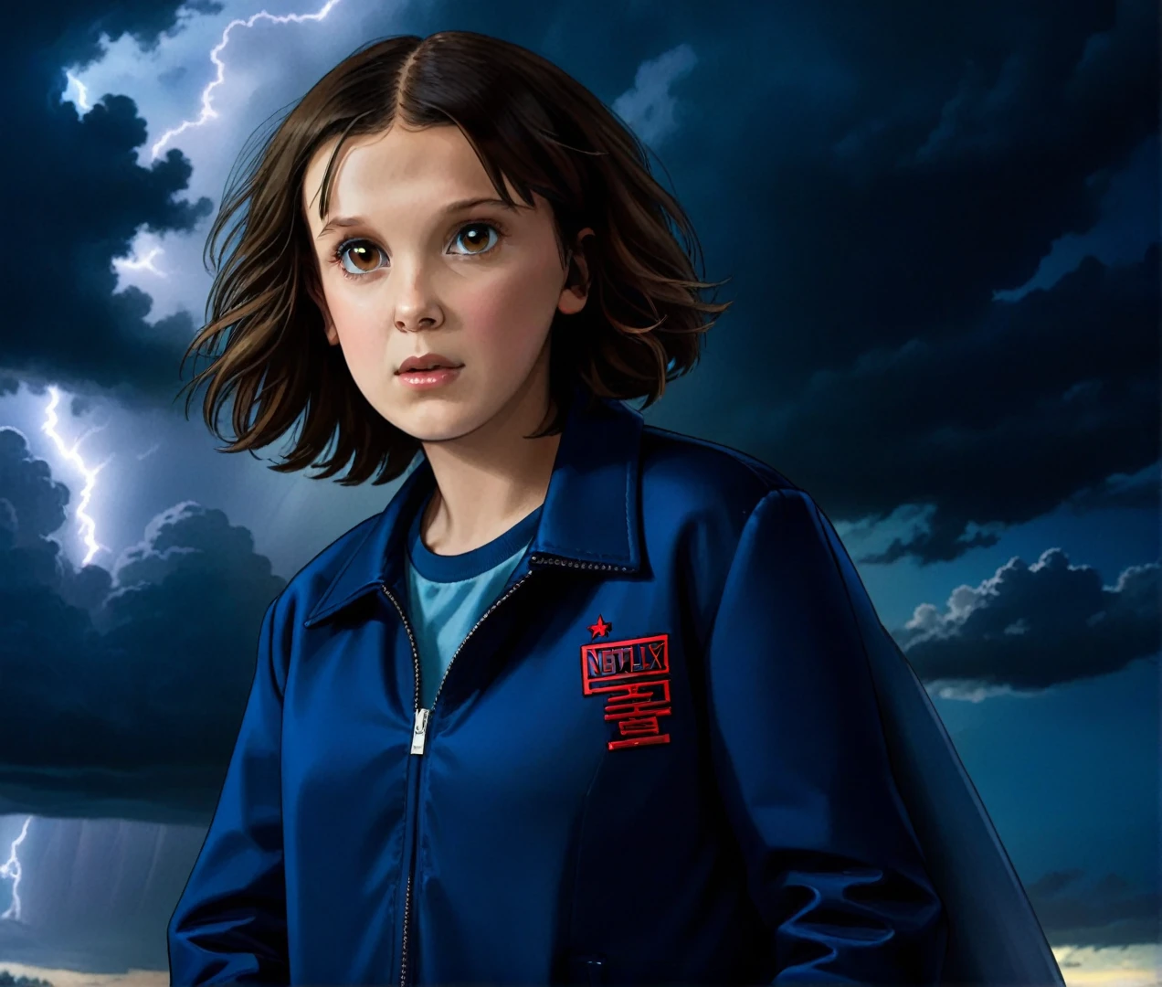 milli3 woman, millie bobby brown, 1 girl wearing blue jacket, Netflix, stranger things eleven, with dark storm clouds in the background,  front view