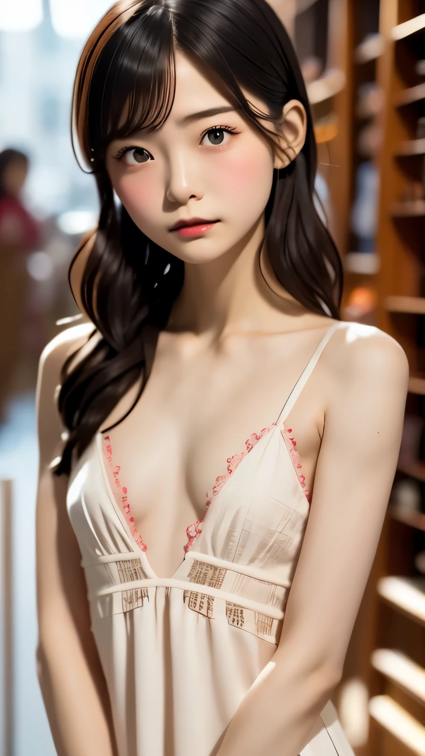 cute, (Black Hair、White Mesh), ((Short Bob)), Perfect Face, An innocent smile, Upper Body,(blue eyes), (Yan), (small), (thin), ((Flat Chest)), ((Only 16)), Skin dentition, Very detailed, Attractive oval face, Red lips, pink, Glowing Skin, thin髪, Face Focus, Chest close-up, Gorgeous hair ornament, ((1 person)), Embarrassed expression,