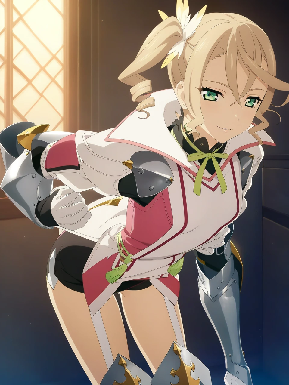 NSFW:1.8,(from back),adarmor, Blonde, Side Ponytail, Green Eyes, armor, Neck ribbon, Black shorts, Garter Straps, Gauntlet, gloves, Greaves,(1girl), chest wall, Game CG, Anime screenshots, Official Art, masterpiece, Highest quality,seductive smile,small breasts,stand,(leaning forward:1.3),(Stick your ass out),(((grabbing ass))),