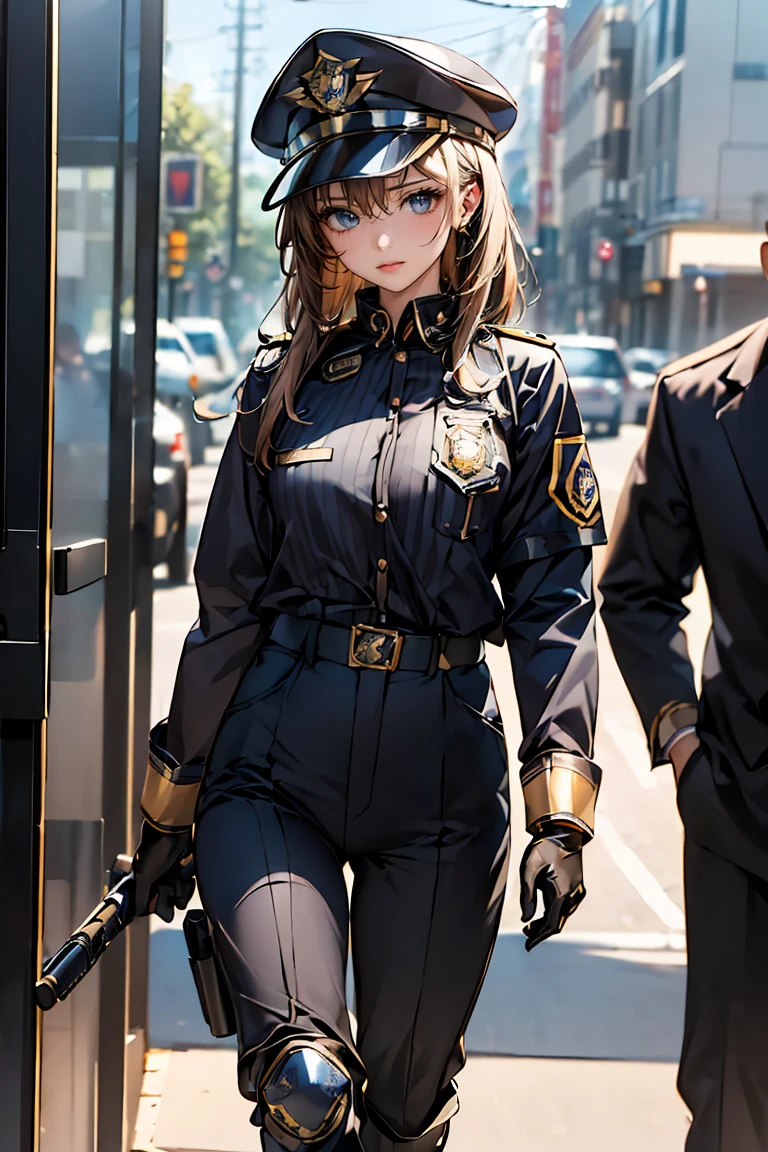 ((masterpiece), ((Highest quality)), (masterpiece,Highest quality,Official Art,Highly detailed CG Unity 8K wallpapers)、"In the near future, female police officers will wear highly functional uniforms..。Wear a navy or black fitted jacket、Reflective stripes and metallic accents、Built-in protective padding on shoulders and elbows。Badge and ID holder on left chest。underside, He wears a moisture-wicking grey or blue shirt..、Contrast stripes on collar and cuffs。The pants are tight-fitting straight pants made from the same high-performance material as the jacket..、Built-in protective pads on knees and thighs。Wearing a sturdy black belt、Includes multiple pouches and a holster.、Store power tools and communication equipment。At her feet, She is wearing mid-cut black boots that provide good ankle support..。The cap matches the uniform too..、Reflective lines and metallic badges。As an accessory、Impact Resistant Gloves、Bulletproof glass goggles with night vision function、A headset with earphones and a microphone is also included.。.。"