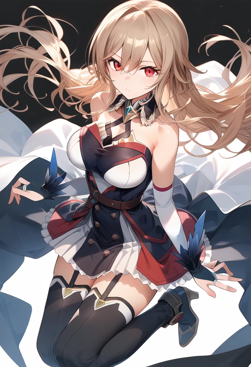 rnel,frnel, very long hair, blonde hair, brown hair, bangs, red eyes, hair between eyes, large breasts, 1st costume, dress, short dress, detached collar, bare shoulders, detached sleeves, cleavage, collarbone, bridal gauntlets, black thighhighs, zettai ryouiki, garter straps, waist cape,boots, high heels, 