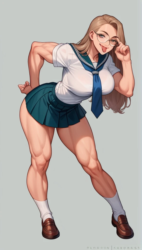 1girl, Brown Luscious Hair, Iridescent Eyes, Glasses, Light Brown Skin, Big Breasts, Big Hips, Big Ass, Athletic, Slender, Muscular, Female Japanese School Uniform, White Snickers, Long Hair, Looking at viewer, Leaning Forward, A Finger To Her Eye, Her Tongue Out, Smile,  Monumental Background, High Resolution, Anatomically Correct, Detail, High Details, Full Body, Detailed Muscle Groups, Detailed Body Frame, 8K Clarity