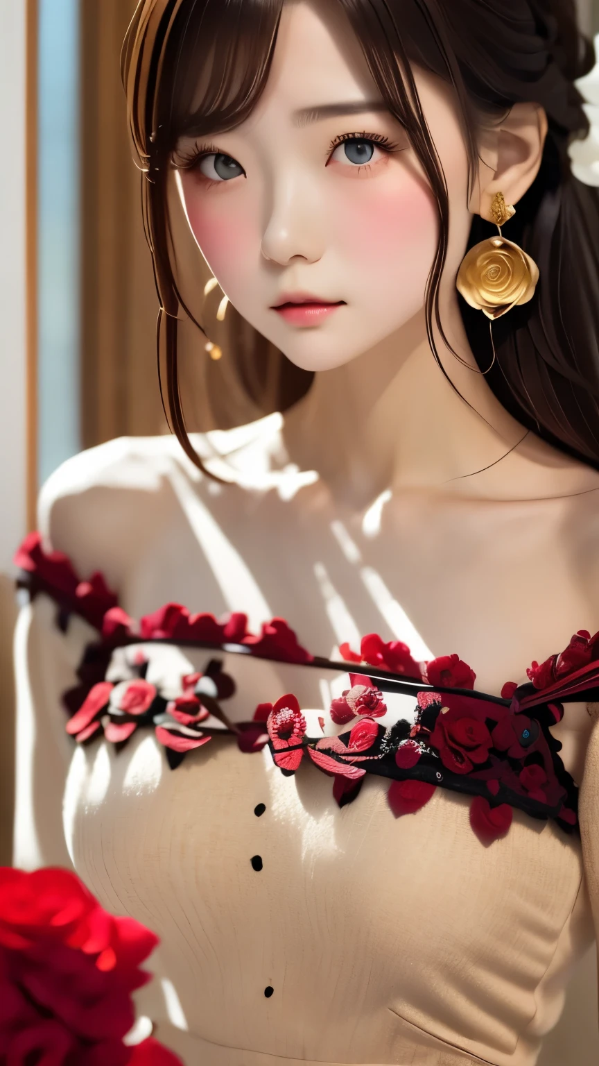 8k, RAW Photos, Fujifilm, Beautiful 20 year old woman style photo, Square face, Red rose on neck, Wearing a red and black lace dress, Gold earrings, Powerful features like spinning doves, (Highly detailed skin: 1.2), Light medium brown hair, Film Grain, 35mm, Cute Style