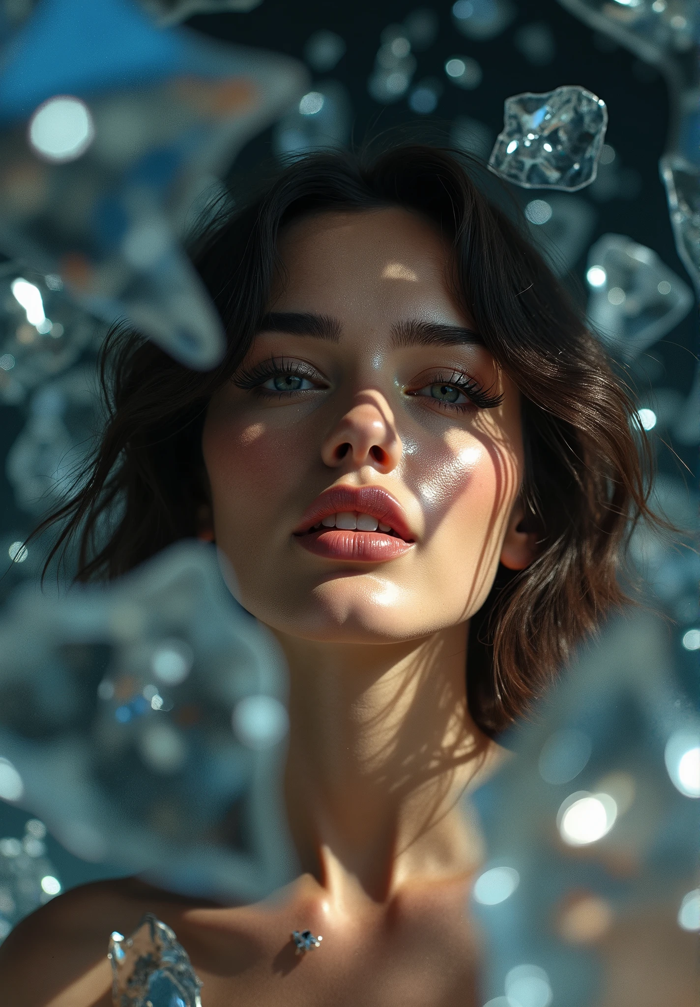 As a Yael Shelbia, realistic photography, photorealistic, realism, contrast, photography, masterpiece, cyborg, cyberpunk, ethereal beauty, ethereal, ultra realistic, 3d, 3d rendering, porcelain, Best quality, human anatomy, real hair, short hair, Asymmetrical Cut Hair, moving hair, huge breasts, human anatomy, posing for photo, translucent, (ethereal, Dream), formidable, 8k wallpaper, Realistic Textures Dramatic Lighting,  Trending at Art Station Cinestill 800 --auto