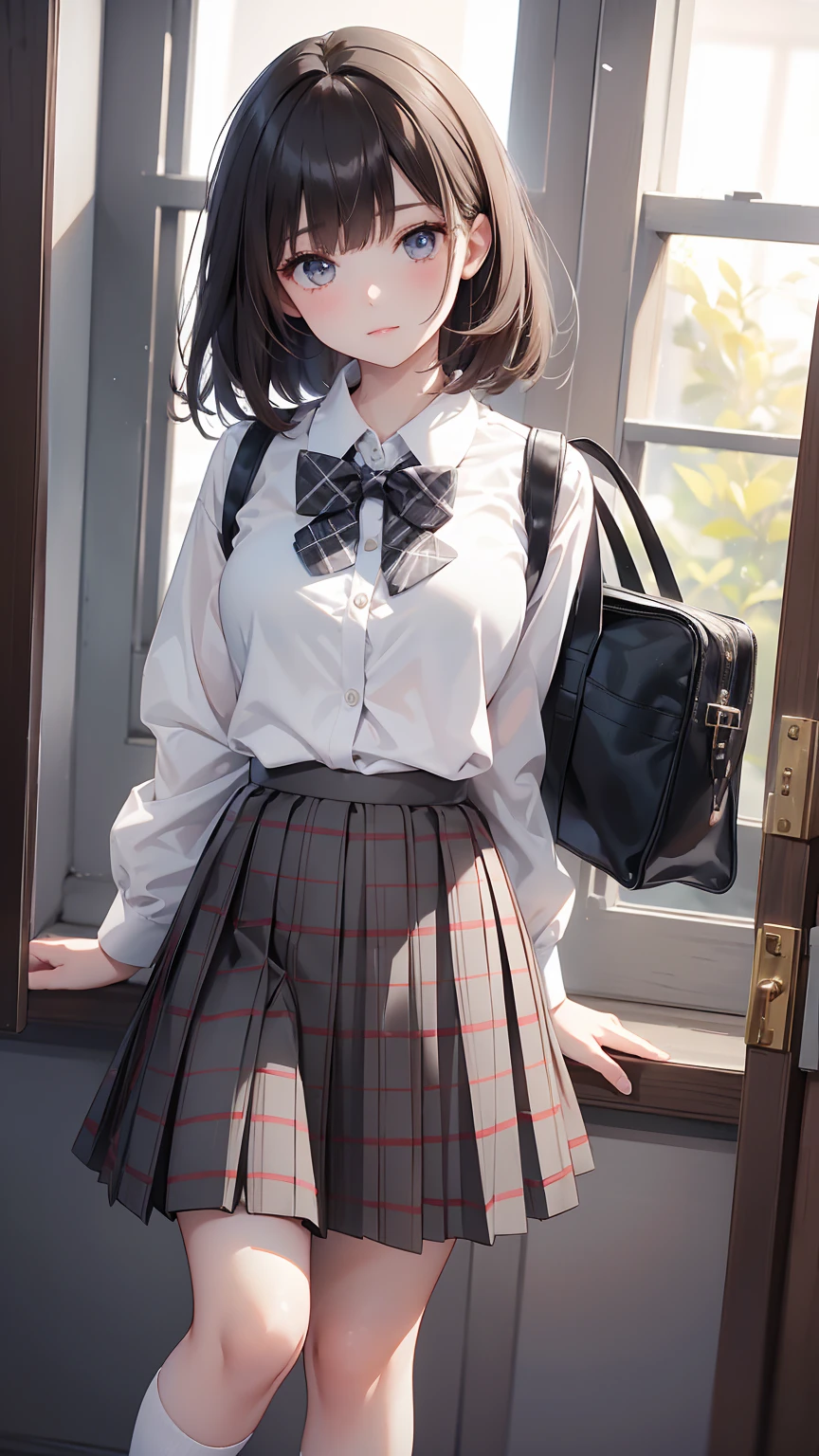 1 girl, Solo, Cute Girl, 140 cm, Best Quality, Ultra-detailed, 8K, High resolution, Detailed face, dark brown hair, bob hair, (((tareme:1.5, downer))), (((school uniform, white collared shirt, bowtie, pleated skirt, gray skirt, plaid skirt, long skirt, white socks))), 60cm length
