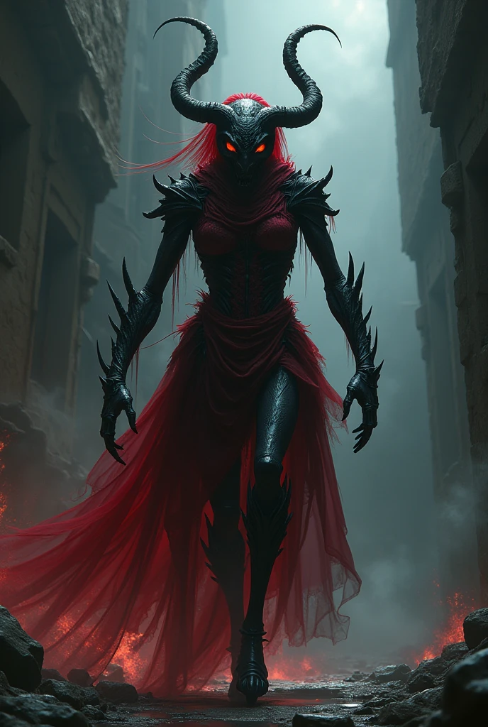 full body pose, wearing a mechanical suit, high heel boots,Mechanical wonder, Cyberpunk, Cybernetic Guardian, futuristic black armor, full body, front pose, symmetry, intricate (steel metal [rust]), joints, warframe style, cyborg, Most beautiful female body and revealing armor, large breast, seductive, temptation, eat your soul, cleavage, covered in blood, long flowing black hair with purple highlights, heavy gothic makeup, sith queen, evil empress, red glowing eyes,, demon horns, at night, blood puddles on the ground, wartorn empty ruins, stiletto heels, Holding a black and red laser sword, full body action pose, full body combat pose, full war around her, explosions and fire, most beautiful stiletto heel armor boots