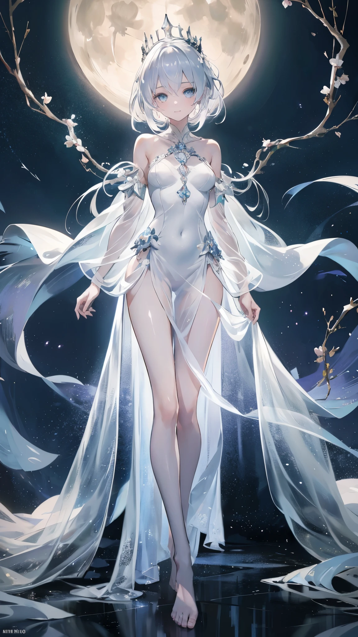 Girl crystal, chipped, shimmering inside, full height, many details, melancholy, Girl composed of crystal, white skin, full length, woman, many colors, not quite human 