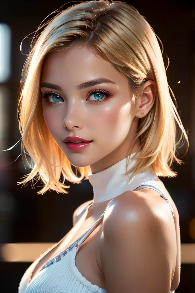 Best-quality, Masterpiece, Ultra-High-Resolution, (Photorealistic:1.4), Raw-Photo, Extremely-Details, Perfect-Anatomy, 1girl, most popular actress, portrait, grinning, extremely beautiful sexy face, amazingly sexual arousing face, extremely beautiful big black solid circle eyes, extremely beautiful blonde short cut haired, extremely beautiful realistic skins, extremely beautiful lips, extremely beautiful long eyelashes, detailed sexy face, detailed sexual arousing face, detailed eyes, detailed blonde hair, detailed realistic skins, detailed lips, detailed long eyelashes.  ((Topless, naked, nude.  Bare shoulders, bare neck, bare chest)).  Medium breasts, small nipples, bare navel.  Cowboy shot.