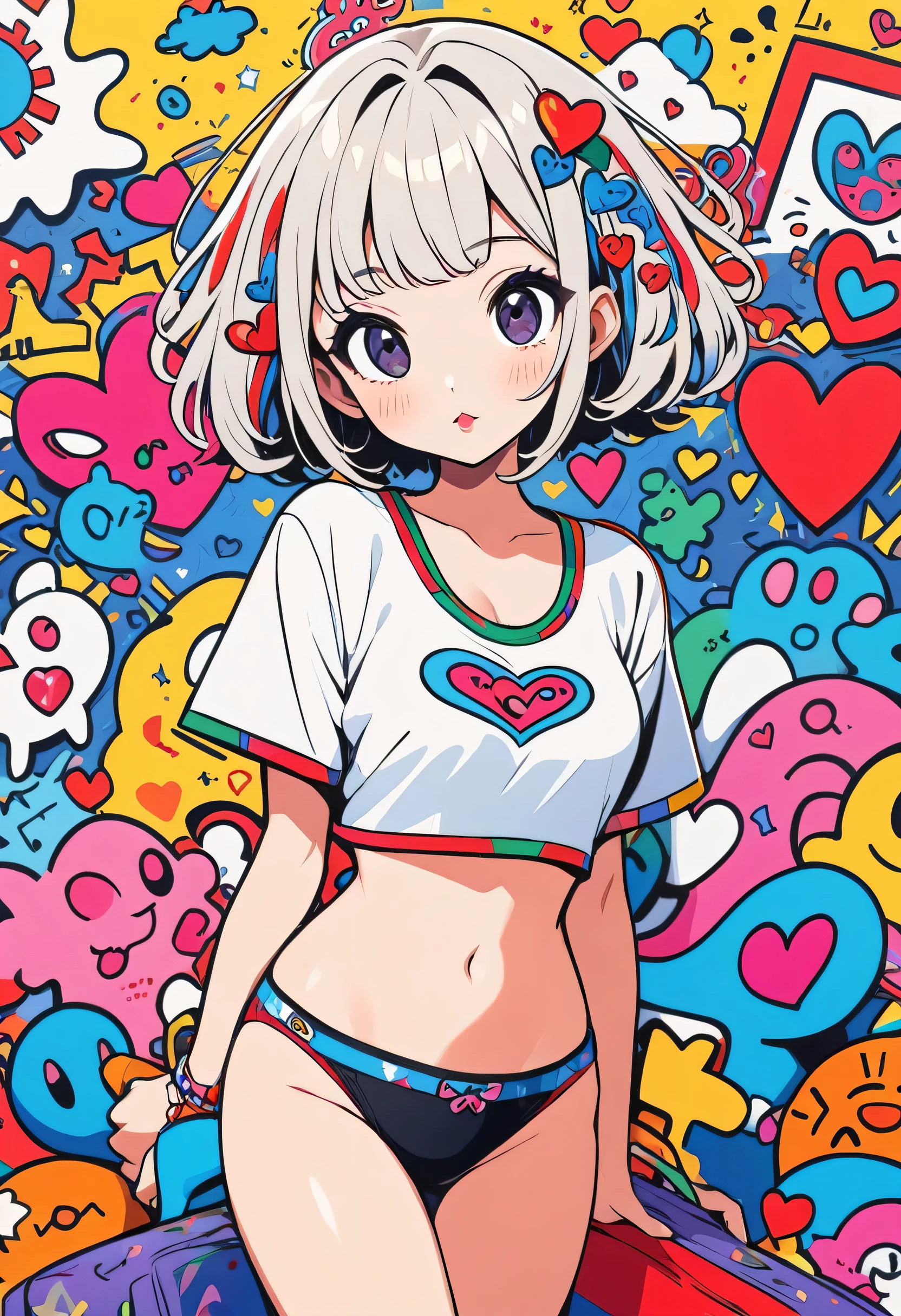 Ultra-realism Keith Haring colorful style, Simple Line Initialism,Abstract art,(((The most beautiful girl of all time))), Sweet face. Lips in love, colorful hearts, stylish design, cute underwear, Dark Eyes, (((Holiday Room))), (((Cute amoeba)))