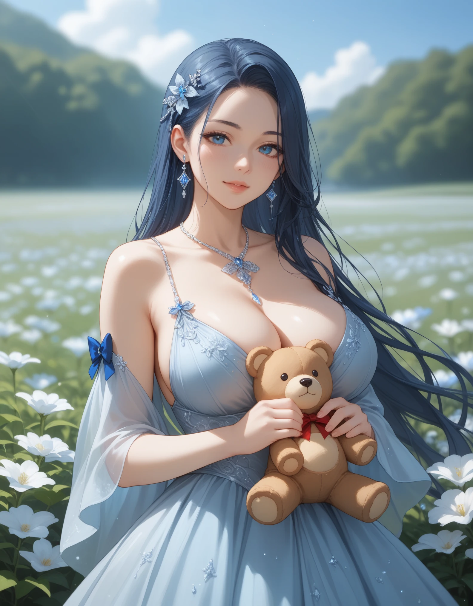 score_9, score_8_up, score_7_up, 1girl, solo, close-up portrait, gentle woman, long flowing hair, dark blue hair, hair with forget-me-nots, beautiful eyes, flowing teal silk dress with silver embellishments, big breasts, (holding a big vintage teddy bear with a pale blue satin bow), (standing in a field of wildflowers), clear blue sky, gentle breeze, soft bokeh.