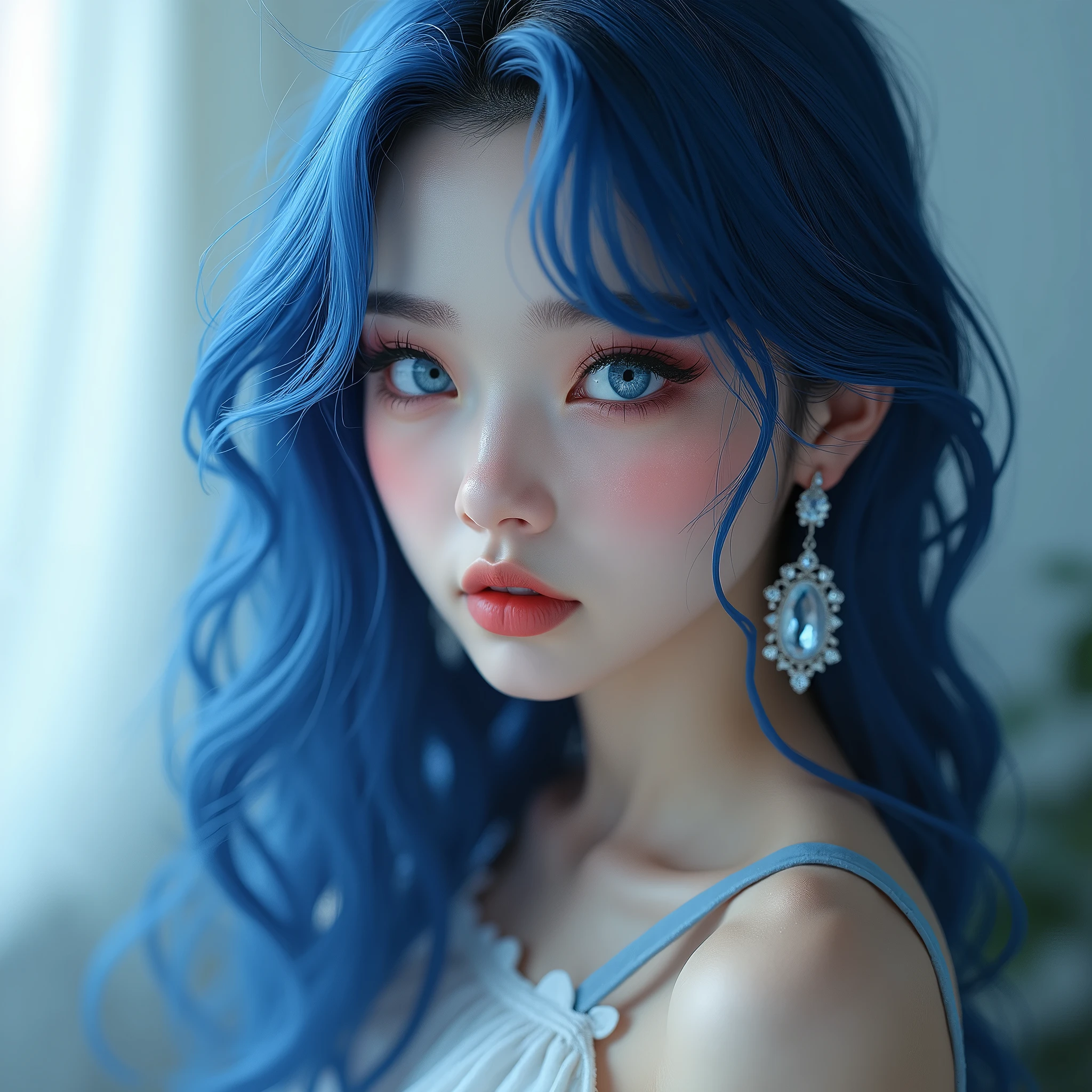 cute, asian girl, blue hair, beautiful, transparent lingerie, short hair, ponytails hair, cute earrings, rape necklace, glittering skin, indoor background, hands pose, smile, green eyecolor