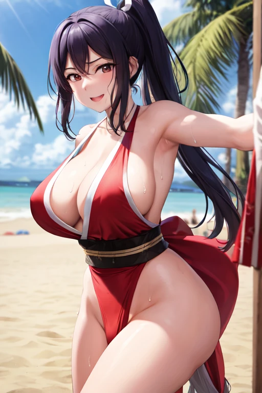 masterpiece, best quality, beautiful art, high resolution, well formed hands, body and fingers, 1 woman, solo, Kanan Matsuura, red makeup, red lipstick,adult, grown up,  cosplaying as Mai Shiranui , mai_shiranui_cosplay, adult, large and big breasted, cleavage, full body , hair ribbon, gorgeous legs and, thighs, sexy Japanese clothes, hair ornament , sexy and bare legs , hips and thighs, panties peek,fighting in a combat match, showing her fighting skills, making her guard, about to hit the viewer, looking at the viewer, close up on her bouncing breasts, sweating, bouncing breasts, smiling joyfully and brightly, seductive face, being confident and proud, action and fighting scene, martial arts tournament on the beach  fighting in a combat match, showing her fighting skills, making her guard, about to hit the viewer, looking at the viewer, close up on her bouncing breasts, sweating, bouncing breasts, smiling joyfully and brightly, seductive face, being confident and proud, action and fighting scene, martial arts tournament on the beach  