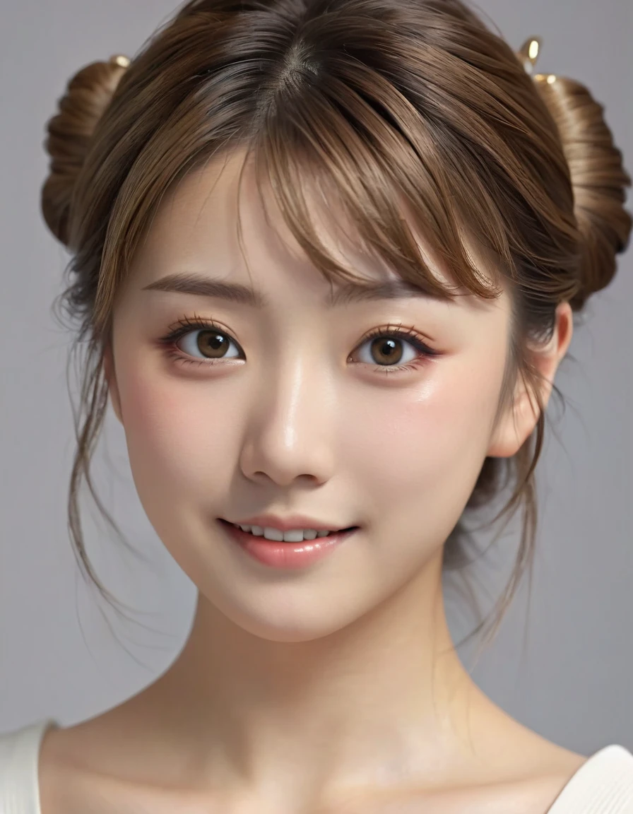 Front view, Japanese cute girl, 18-age, (beautiful  light brown hair, chignon, hair between eyes, makeup, skin fang, light smile), (( Surrealism, depth of field, UHD, masterpiece, accurate, anatomically correct, textured skin, super detail, high details, high quality, highres, HD))