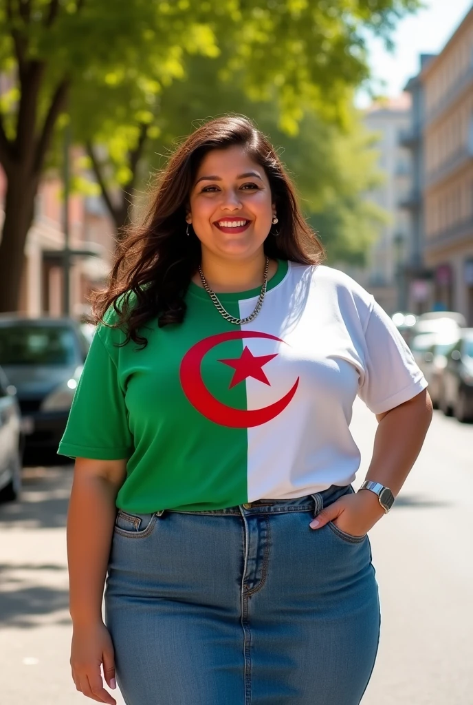 Slightly fat woman wearing a white and green block polo shirt with large Algerian flag pattern, black background with colored smoke, realistic and high resolution photo 32