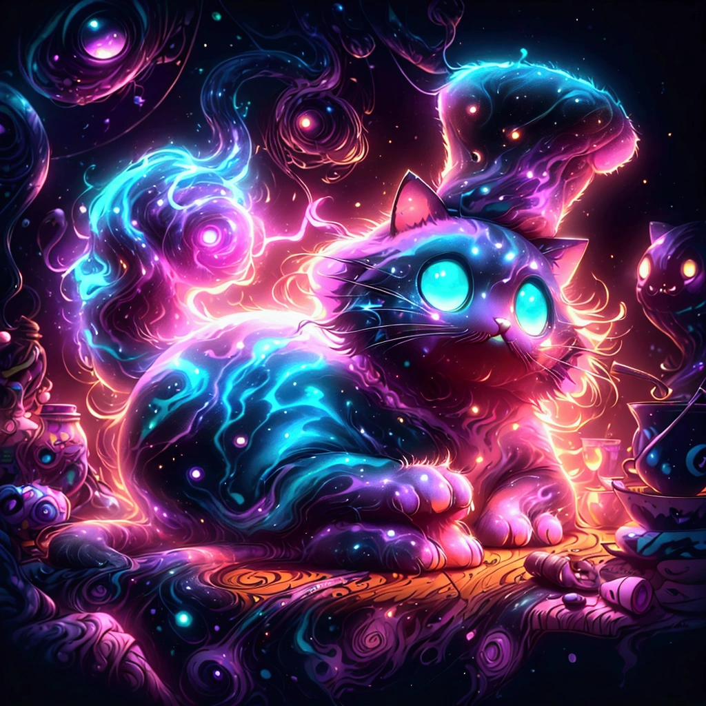 a close up of a cat with a hat on its head, cheshire cat, the cheshire cat, cheshire cat drinking tea, jen bartel, beeple and jeremiah ketner, cute detailed digital art, alice in wonderland cyberpunk, 4k highly detailed digital art, adorable digital painting, cat from the void, in style of cyril rolando, 4k detailed digital art