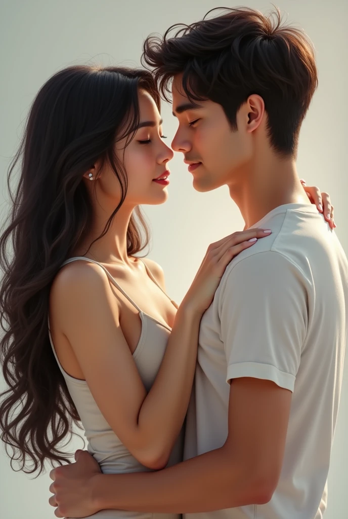 A handsome 27 year old boy and 24 year old girl were in love. The boy is wearing a white shirt and black pants. His shirt is folded close to his elbow and he has a sexy look. The girl is very beautiful and she is wearing a red dress. Her appearance is soft. They hugged each the on a where at night