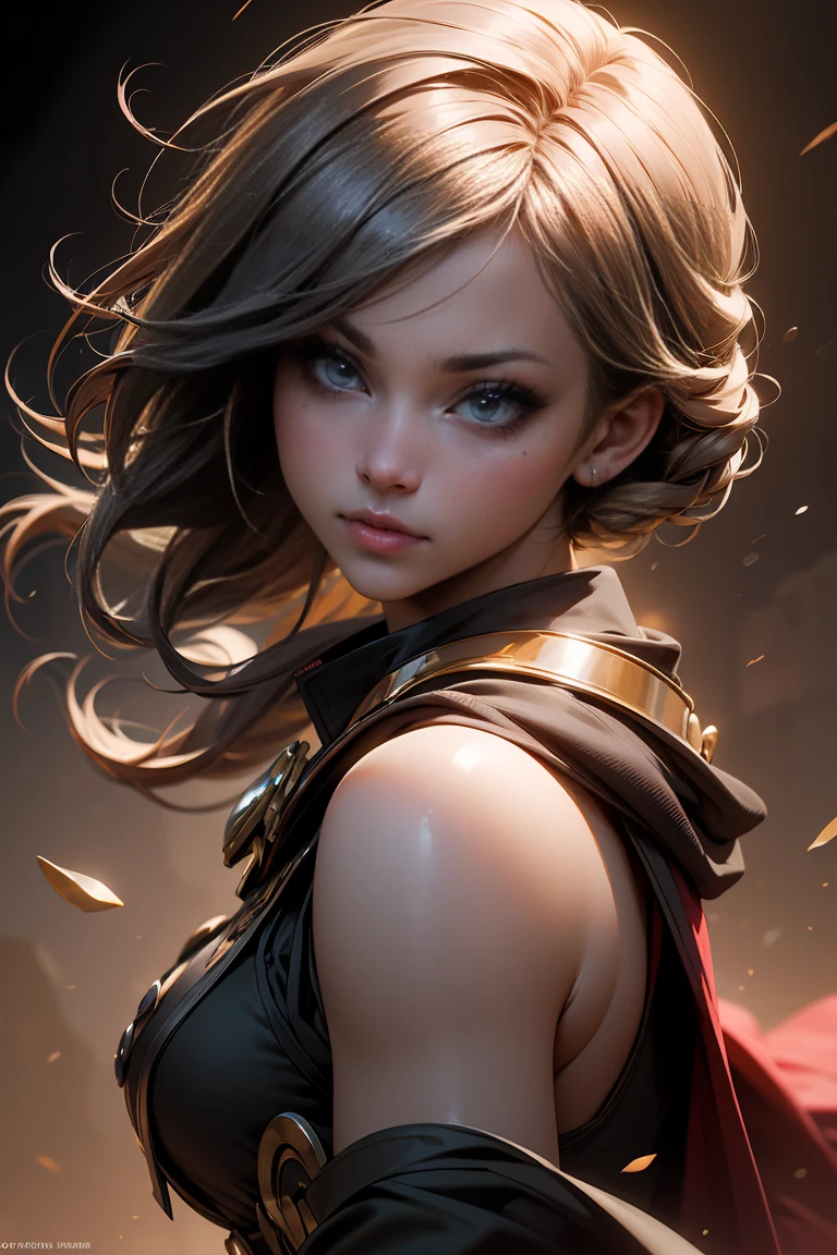 best quality, masterpiece, portrait, (adult:1.6) hungarian woman, (smirk:0.4), braided golden hair, sparkling eyes, floating light particles, centered, medium breasts, black t-shirt