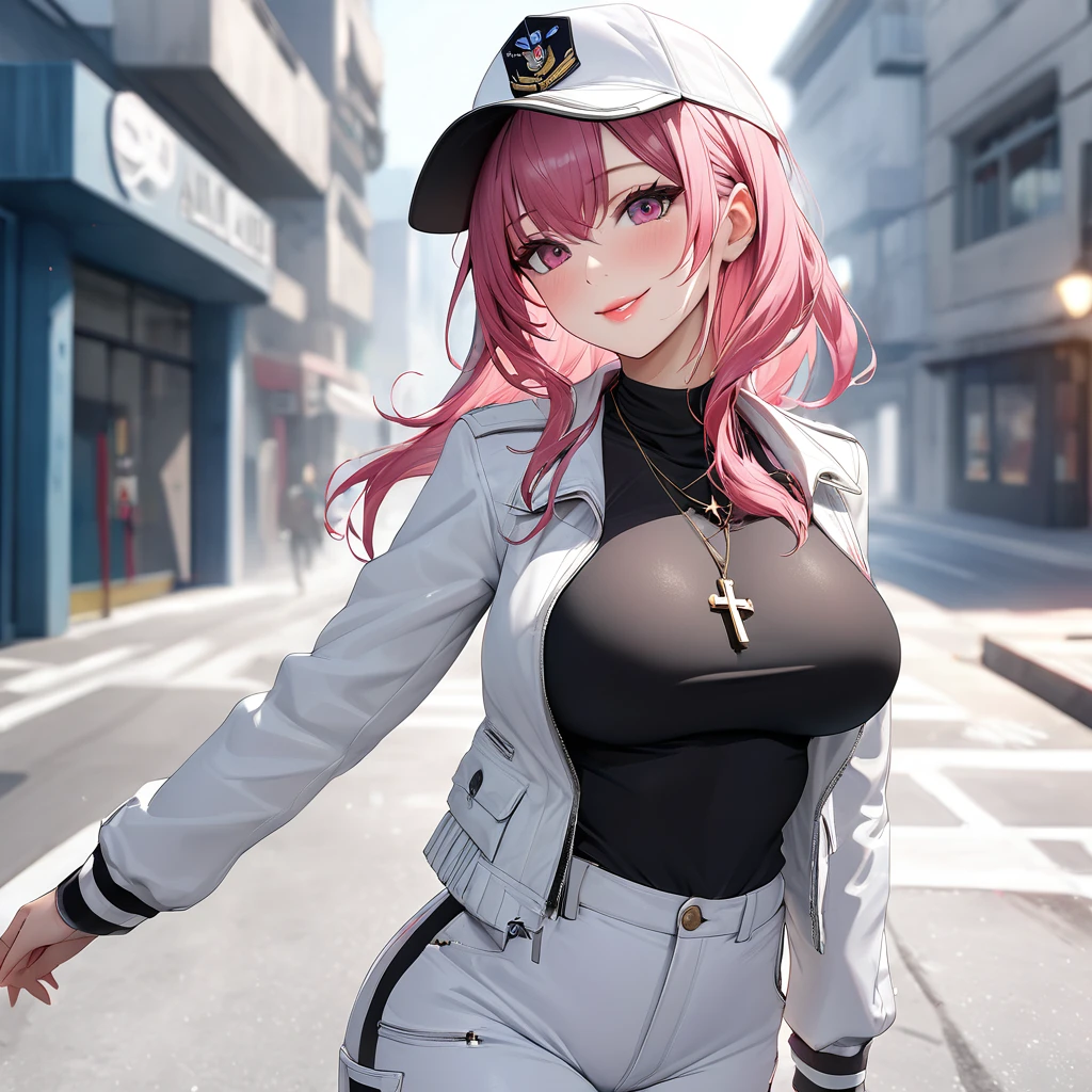 a woman wearing a white leather jacket, black jacket, black shirt, white cargo pants, white sneakers, hot pink hair, gray fringes, multicolored hair, wearing a white cap, wearing a cross necklace around her neck, big breasts, pink eyes , smiling, perfect face, perfect lips, perfect eyes, standing posture, walking on a concrete sidewalk walking on a street, white building with ice blue glass windows, white fog in the background, (Azur_lane, USS_Bremerton)masterpiece, accurate, anatomically correct, textured skin, super detail, high quality, best quality, 8k, high resolution, bokeh effect.(solo woman), close view.
