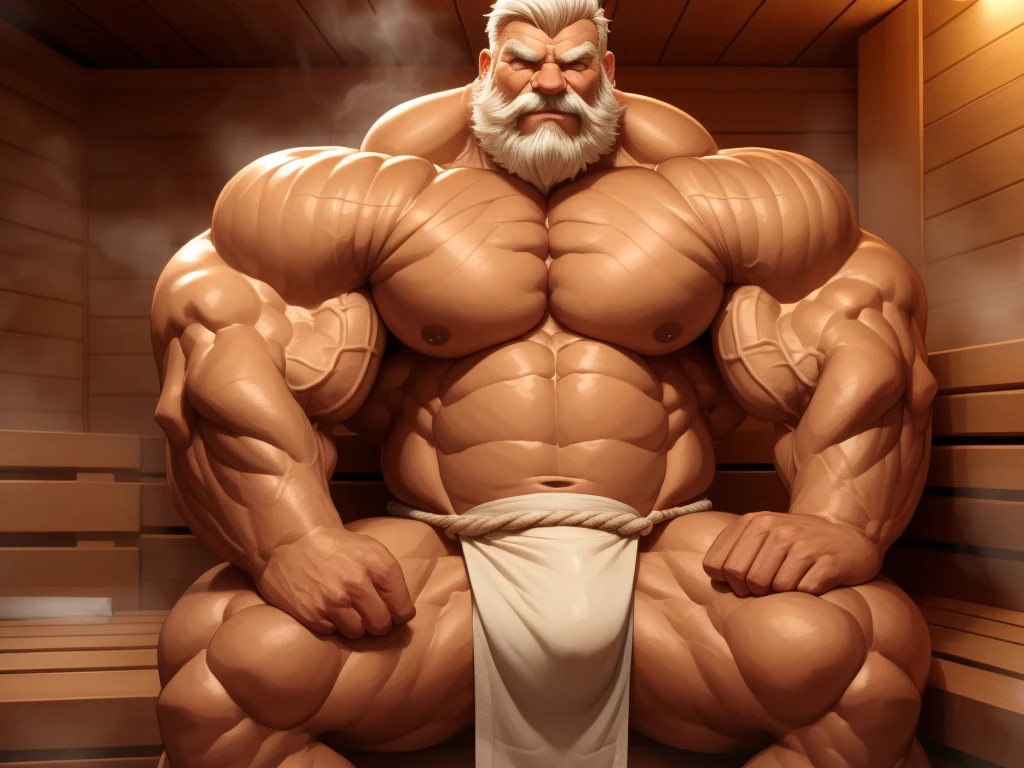 solo, 1boy, perfect anatomy, perfect proportion. Huge Muscular Old man sitting in sauna, steam, wearing fundoshi, pectoral, thick arms, huge pectoral, wide pectoral, short white hair, red beard and hair, simple background, masterpiece, semirealistic:1.2, high detailed, 8k, high resolution, perfect center, full view. ((really big muscle, massive muscular, sixpack, thick arms, wide pectoral, super huge muscle, hyper muscular, over sized muscle, huge arms, big arms, huge pectoral))