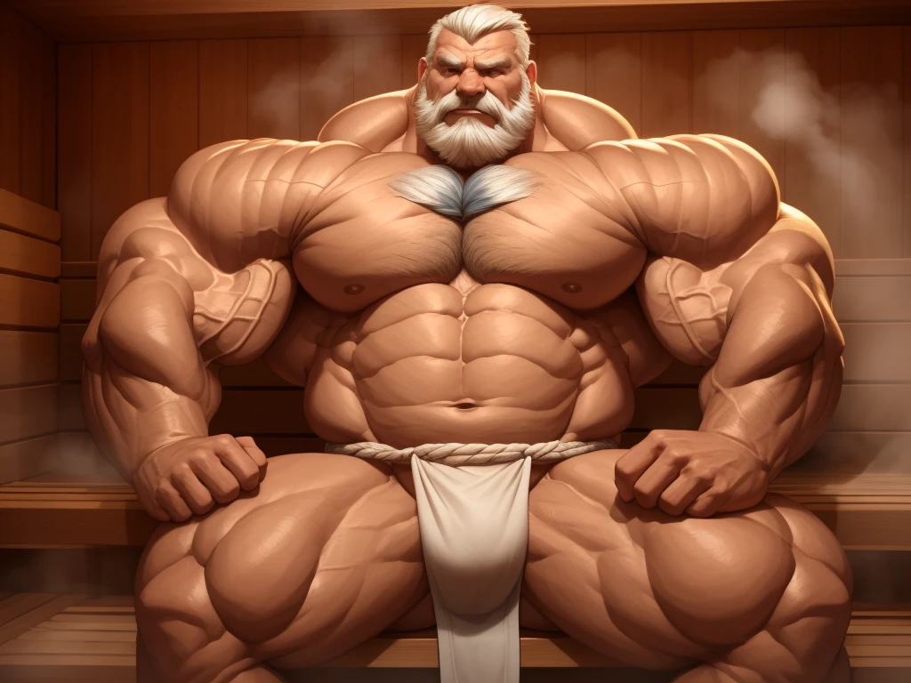 solo, 1boy, perfect anatomy, perfect proportion. Huge Muscular Old man sitting in sauna, steam, wearing fundoshi, pectoral, thick arms, huge pectoral, wide pectoral, short white hair, red beard and hair, simple background, masterpiece, semirealistic:1.2, high detailed, 8k, high resolution, perfect center, full view. ((really big muscle, massive muscular, sixpack, thick arms, wide pectoral, super huge muscle, hyper muscular, over sized muscle, huge arms, big arms, huge pectoral))