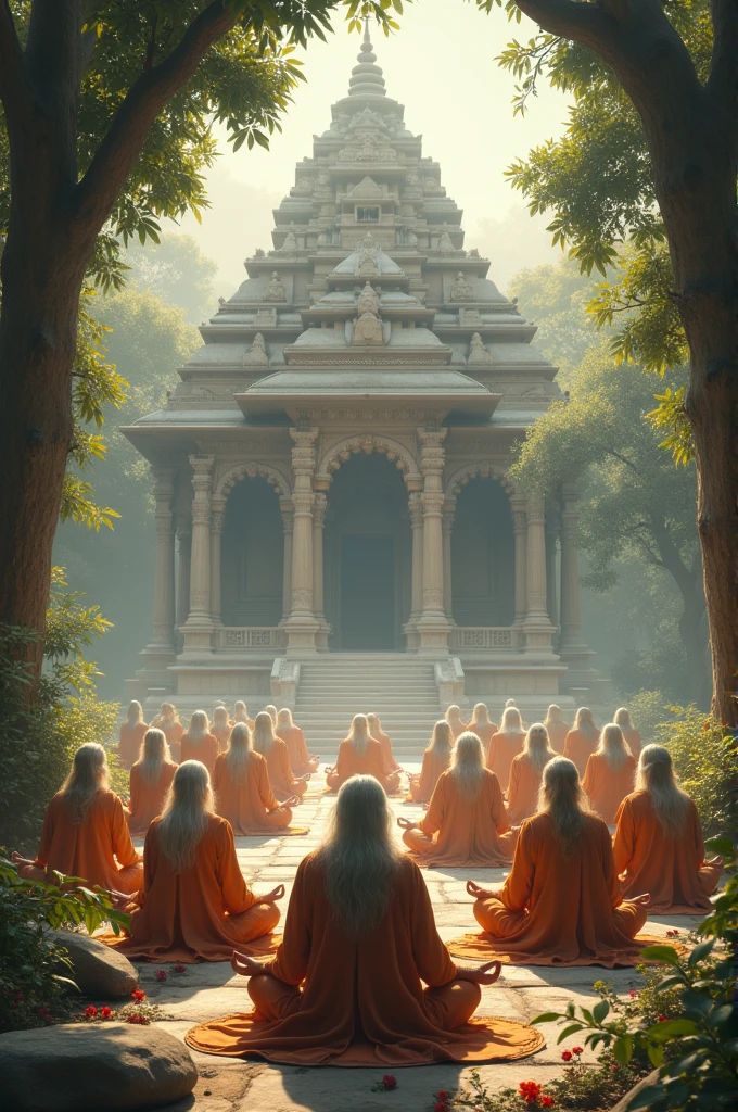 image of an ancient indian setting there a sage is teaching students something in an ashram next setting called as Gurukul outside the his house also show the guruma make the image more paining vintage than realistic we don't want it can be in the form of a painting