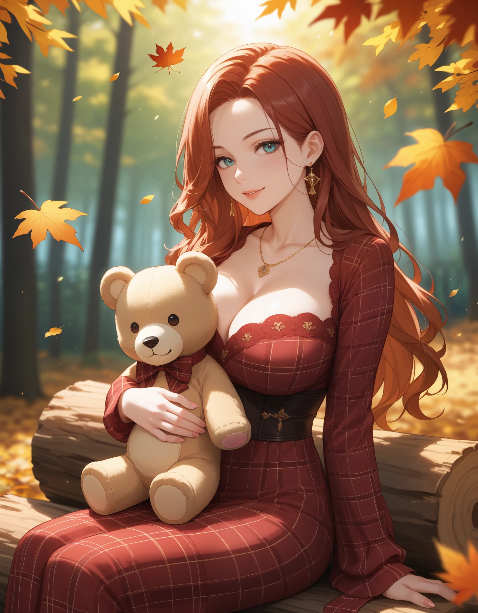 score_9, score_8_up, score_7_up, 1girl, solo, close-up portrait, gentle woman, long flowing hair, auburn hair, hair with fallen autumn leaves, beautiful eyes, flowing burgundy velvet dress with gold embroidery, big breasts, (holding a big vintage teddy bear with a brown plaid bow), (sitting on a fallen log in a forest), autumn foliage, golden sunlight, soft bokeh.
