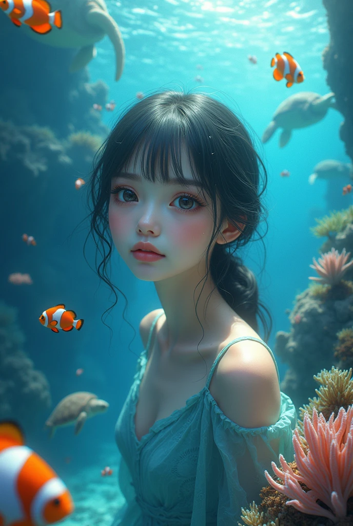 潜water:1.5.colorful,Bubbles,女孩潜water,海底flower海,ocean,Deep diving,许多coral,coral,Fish School,water草,flower,斑斓的coral,Positive face,water,Cold,Cool,Exquisite facial features,big eyes,cute,Beautiful makeup,Wet hair,脸上water珠,Swimsuit,whole body,grand scene,Extreme light and shadow effects,