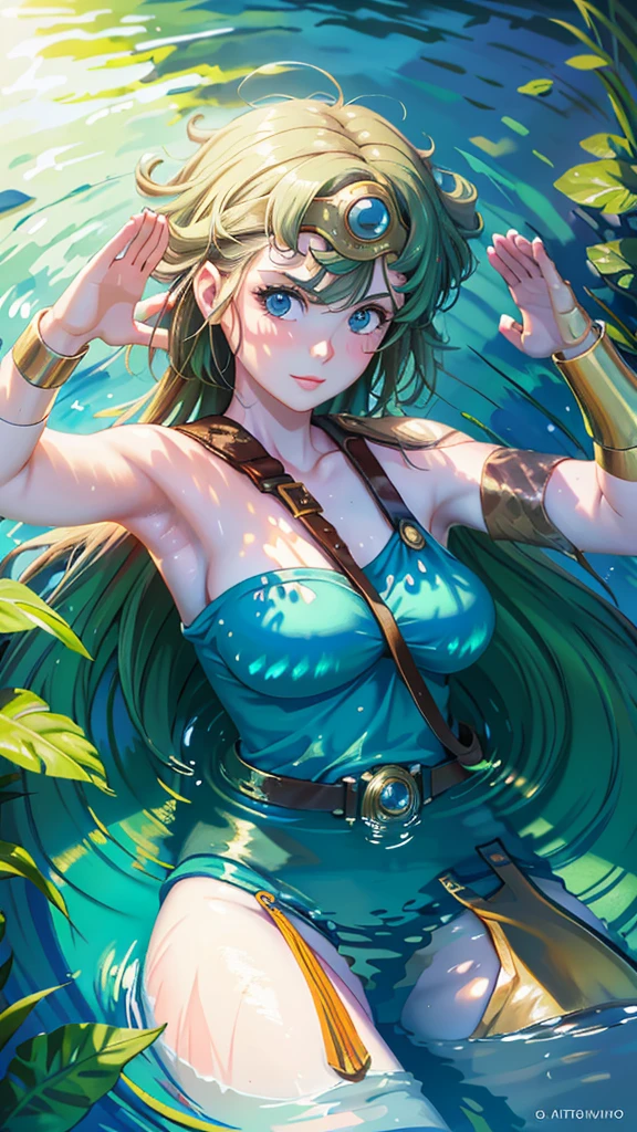 masterpiece, best quality, rydia, hair ornament, green leotard, belt, sitting, fixing hair, sweating, sun, mountain, rock formations, tired <lora:rydia-nvwls-v2-000012:0.9>