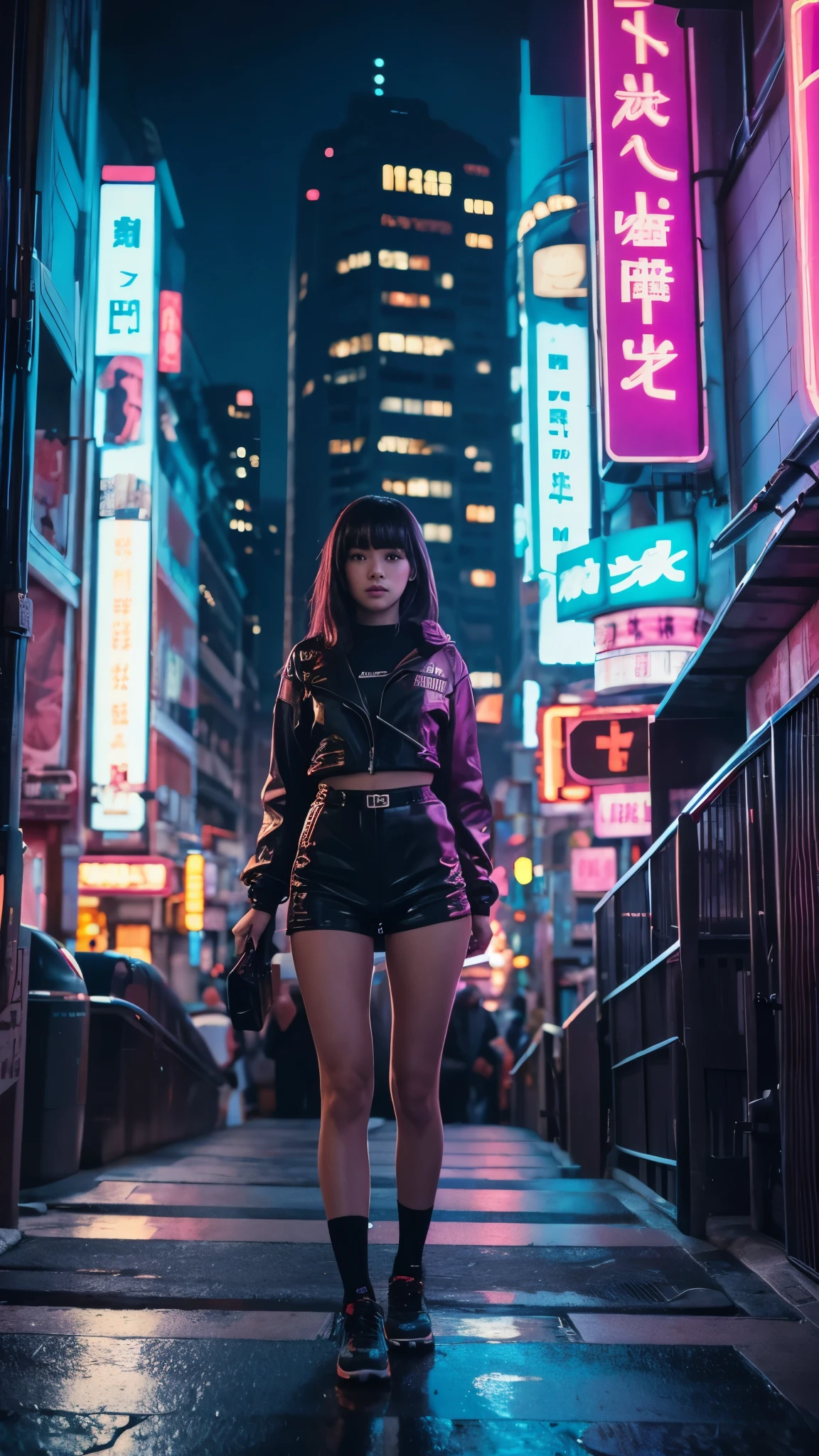 The character costume is KPOP, Hallyu, K-pop anime art style, Hallyu frontline style, Hallyu art style, kpop style, official artwork, Chibi art, Pisif, Blackpink style, cute.  KPOP artwork in various poses, The popularity of Pisif art station, 16 year old chibi, No watermark, open jacket, extra short clear top Strapless, style clothing cyberpunk, smallest short short, wide angle, full body clothing, full dress, sfw