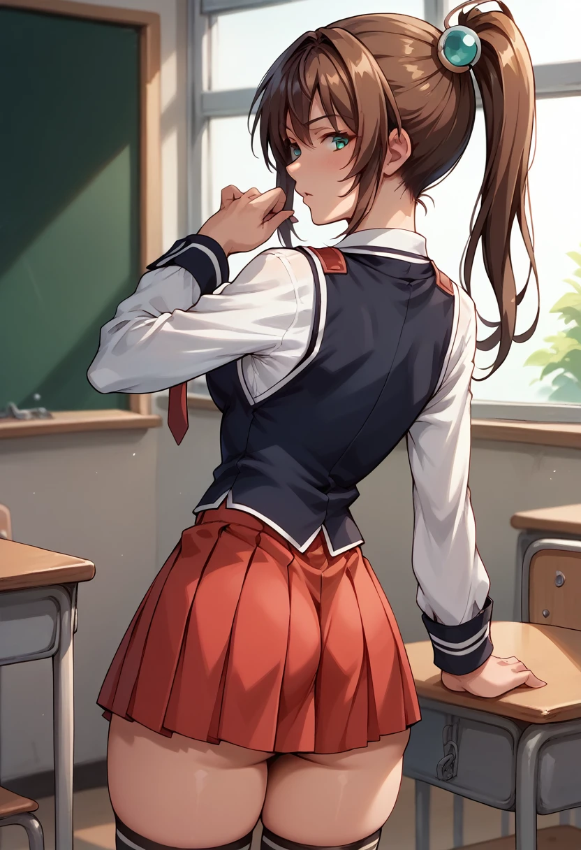 score_9, score_8_up, score_7_up, BREAK, score_9, KurumiImari, 1girl, brown hair, Side ponytail, underwear, hair ornament, aqua eyes, school uniform, white shirt, strap,vest, red tie, red skirt, thighhighs, cowboy shot, looking back, from behind, ass peek, classroom
