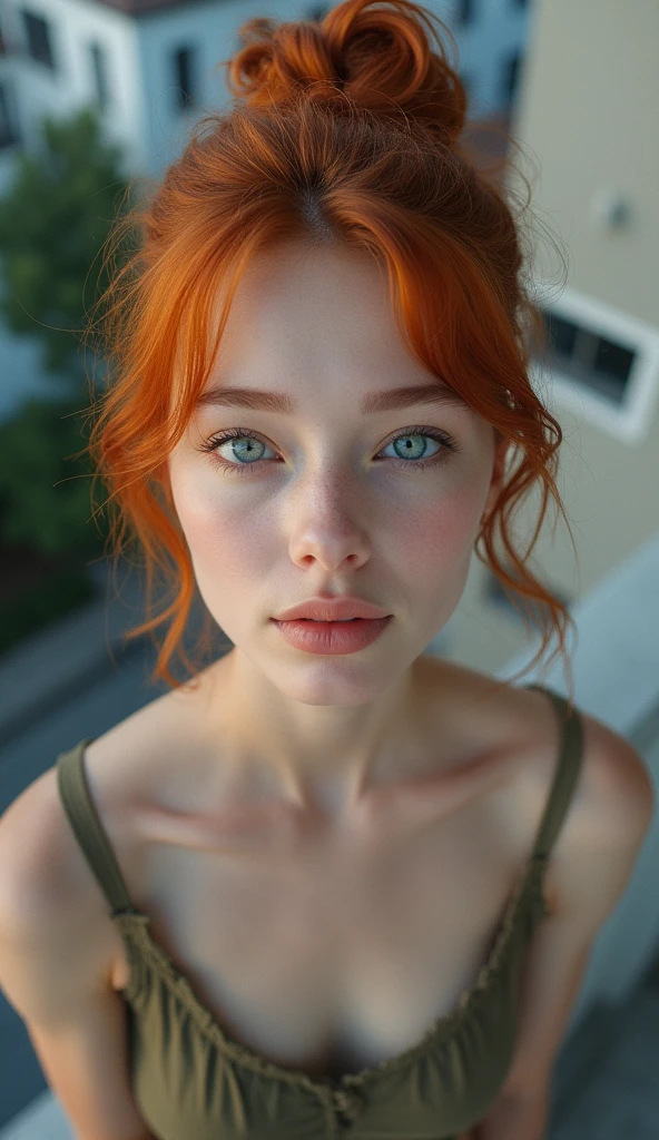 raw photo in UHD RAW format, (taking selfies, aerial view: 1,6), (straight half of the torso: 1,0). A 20-year-old girl on the balcony of a building with a bun, natural red hair and blue eyes, parted lips. [ hyper-realistic texture ], [ hyper-realistic skin texture ], good lighting. fine-details, olhos e rosto extremamente symmetrical, extremely detailed, symmetrical, sharp piercing eyes.
