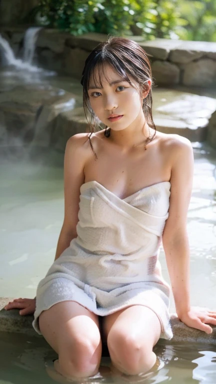 A woman in a hot spring、Highest quality、4K8K、Wrapped in a towel,Bokeh