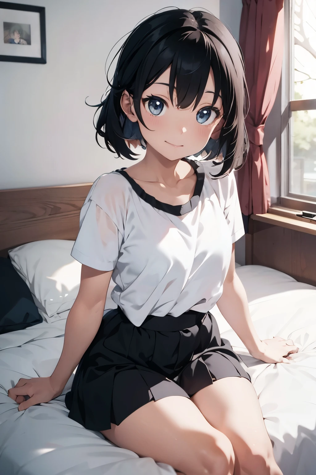 masterpiece、Highest quality、Very detailed))、One person、Black Hair、Black Hair、twintails、blunt bangs、Grey Eyes、evil smile、((Small breasts))、((white camisole))、((pajamas short shorts))、((wariza))、Sit flat、On the bed、((Dimly lit room))、Bedroom Background