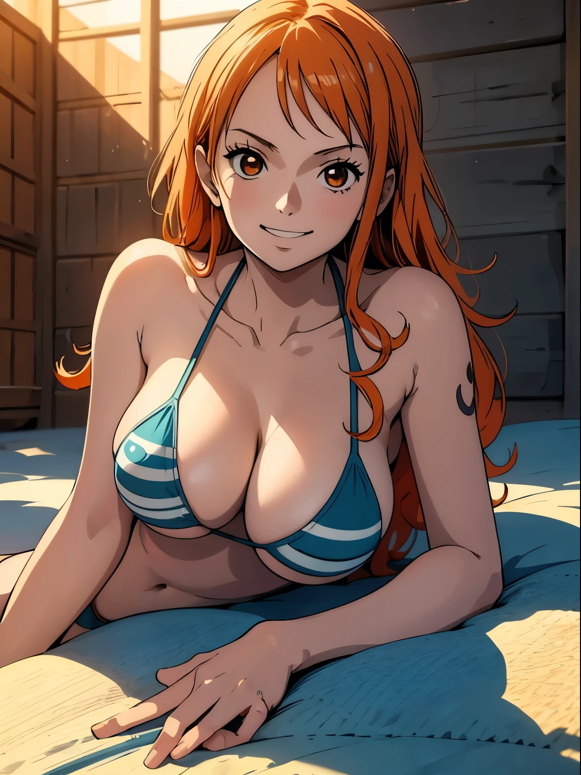 a cartoon picture of a woman in a bikini top and jeans, nami one piece, nami from one piece, nami, beautiful portrait of nami, from one piece, oppai, blue eyes, smoking, ponytail, nsfw