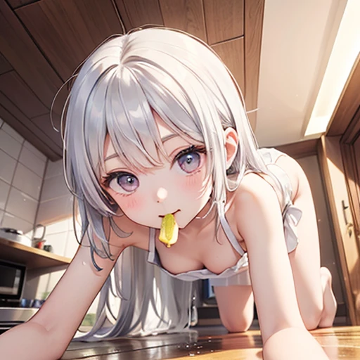 Beautiful girl drools banana in her mouth、White liquid dripping onto the floor、Lean back on all fours、Naked Apron、See-through、(Looking into the camera、look up:1.5)、kitchen、Wide viewing angles、White liquid on thighs
