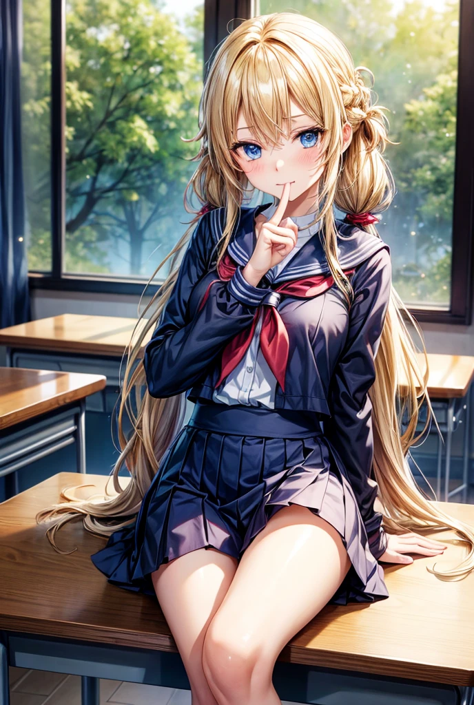 anime, woman, legs spread, sitting, ashamed, looking at viewer, semi long, low twintails, wavy hair, blonde, gradient hair, blue eyes, with sparkling eyes, shiny skin, slender, sailor uniform, adult, in the classroom, with a desk, in the afternoon, cowboy shot, front view, sunlight, cowboy shot,put index finger on mouth,