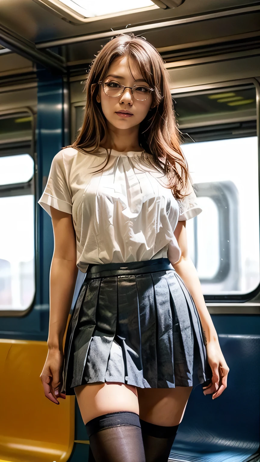 (A woman standing on the Yamanote Line:1.5)、(Realistic、Like a photograph、Live Action、8k, Realistic, RAW Photos, Best image quality: 1.4), Single-lens reflex camera、RAW Photos, Highest quality, Realistic, Highly detailed CG Unity 8k wallpaper, Written boundary depth, Cinematic Light, Lens flare, Ray Tracing, Realistic background、((Ultra-Dense Skin))、 23-year-old woman、Cute Japan OL、(whole body:1.5)、(White blouse、Black pleated skirt:1.5、Over the knee socks:1.44)、Wear glasses、Large Breasts)、Very detailedな顔，(avert your eyes:1.5)、(Long Hair:1.2、I like that style、stylish、Very detailed、Pay attention to the details、Perfect outfit、(Sunburned skin)、Front view、Accurate hands、Accurate legs、Detailed hands and fingers、Anatomically correct body、Thin legs、Thin thighs、Large Breasts、Very detailedな顔、View from behind