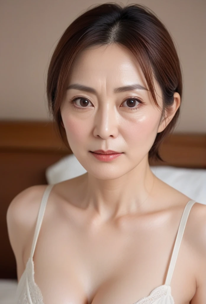 High resolution, Shortcuts, Mature Woman,((Center Parting)),(((50-year-old women))),masterpiece, Highest quality, Ultra high definition, Textured skin, Droopy eyes,Thin lips,black eye,((Mole,under left lip, beauty mark)),Thin eyebrows,Thin eyebrows,(Japan female in her 60s),Narrow forehead,((Too thin,Too thin eyebrows)),Loose jaw,(Low Nose),Deep-set eyelids,((very droopy eyes)),Slightly droopy thin eyebrows,(Small Mouth), (droopy eyebrows),Nasolabial folds,Droopy eyes, hooded eyes, ((wrinkles around the eyes)),((full body)),Beautiful legs,thin lower lip,bed room, (full body shot),((background,bed room))lingerie((thin lower lip)), dim,wet,, low eyebrows, troubled eyebrows, eye wrinkles, camel toe, without makeup, down-turned mouth, sagging, cowgirl position,(dildo),squatting, m legs, Female in her 50s,paizuri