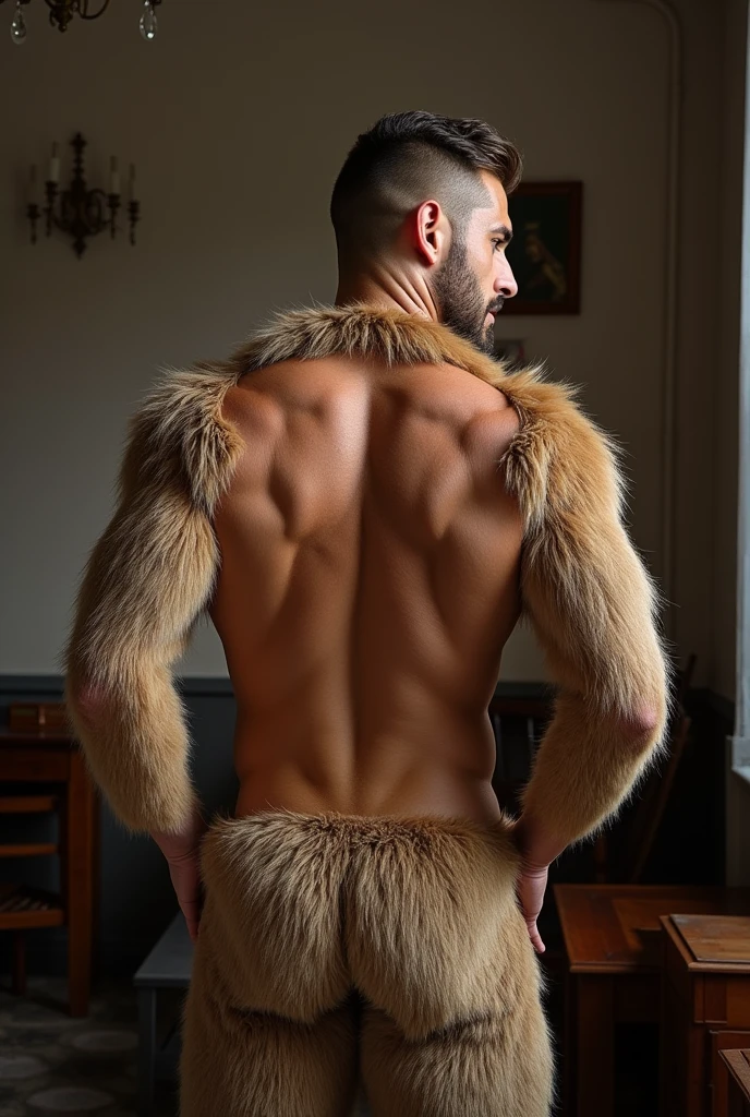 handsome blond man from behind, looking back, stark, with his hand on his muscular ass, hairless, very hairy ass