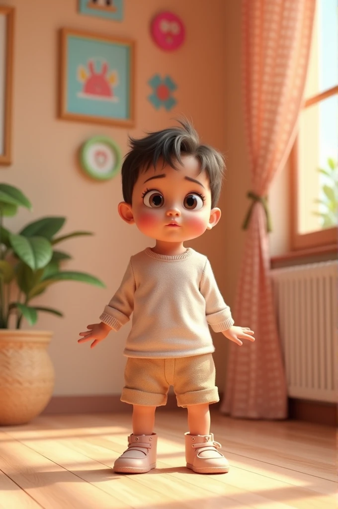 a happy cute kid standing short hair, vestindo uma fantasia espacial, , fundo branco, barnet, tom, Estilo Pixar, ..3d, desenhos animados, rosto detalhado, asymmetrical 16k