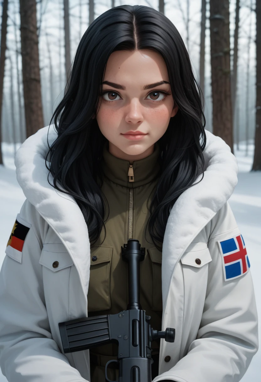 score_9, score_8_up, score_7_up,score_6_up, score_5_up, 1girl, gwen_tennyson, ben_10, 1girl, (((dark brown eyes, long hair, long black hair))), small_body, snow white military combat gear, thick white hooded coat, wearing white skullcap, Finland flag patch on coat, laying on a snowbank, snow covered forest, rifle pointed at an offscreen target, (looking down scope), focused look, furrowed brow, eyebrows raised, blush cheeks