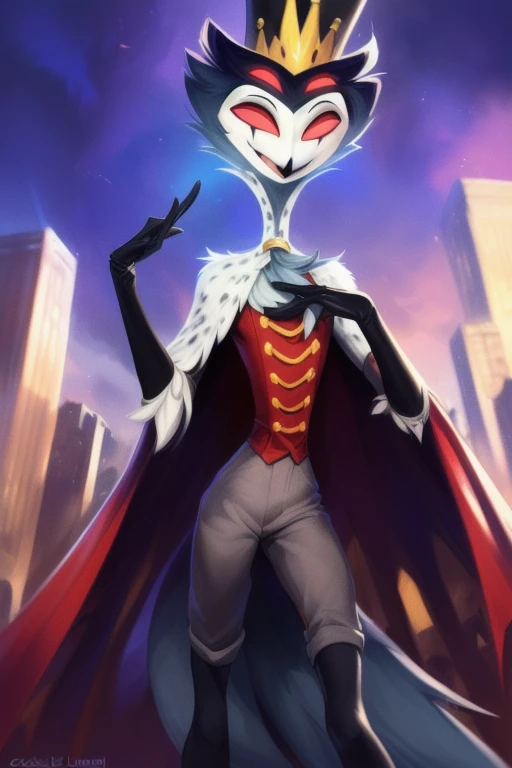 (furry art, upload on e621), ((stolas)), (anthro, furry), (open mouth), sfw, (red tunic, (crown), black gloves, elbow gloves, white fur collar, (top hat), cape), grey pants, hat, (city background), low angle view, short hair, black hair, white face, four eyes, girly, (skinny), smile, happy, red eyes, 1boy, black legs, solo, (tail), extra eyes, (tall), (standing), masterpiece, (best quality:1.2), sharp image, detailed image, colorful, vibrant colors, detailed face, perfect lighting, perfect shadows, perfect eyes, perfect face, (detailed background, depth of field), (4k, 2k, shaded, absurd res),, 8k hd, (by zackary911, by darkgem), by syuro, (by kenket), by Pino Daeni, by Ruan Jia, by Shiitakemeshi, by Alayna Lemmer, by Carlo Galli Bibiena,