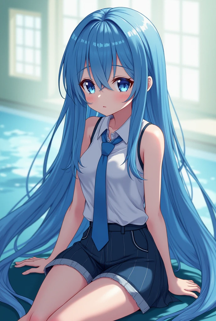 (((The ultra -The high-definition))), (((An ultra-high picture quality))), 独奏, One girl, Very cute, Moe Anime Style, Delicat eyes, (:1.5), (very modest chest:1.3), (saturated blue hair:1.2), (Straight long hair:1.2), (Long straight sideburns:1.1), (blue eyess:1.2), (A little sagging eyes:1.3), (blue-sky:1.1), Outdoor pool, Concrete poolside, Super smile, (Face with closed mouth:1.2), (White One Piece School Swimsuit:1.2), School swimwear for schoolchildren, (poneyTail), (Inner thigh-sitting)