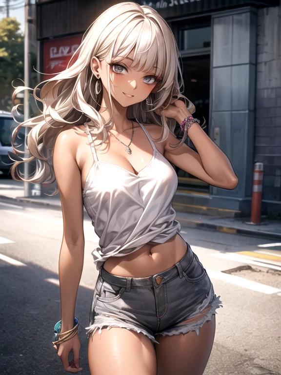 (Highest quality, High resolution, Very detailed), Silver Hair, Long Hair, Reddish brown eyes, Tank top, mini skirt, lace thong, Large Breasts, 24th generation, Beautiful woman, mature, quiet, Calm, A small smile, city, street,