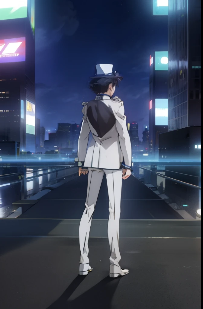 Light blue long hair、Beautiful twin-tailed phantom thief、Slatted body shape、White shirt and black tuxedo、silk hat、Skyscraper city、Full Body View、Cinema Lighting