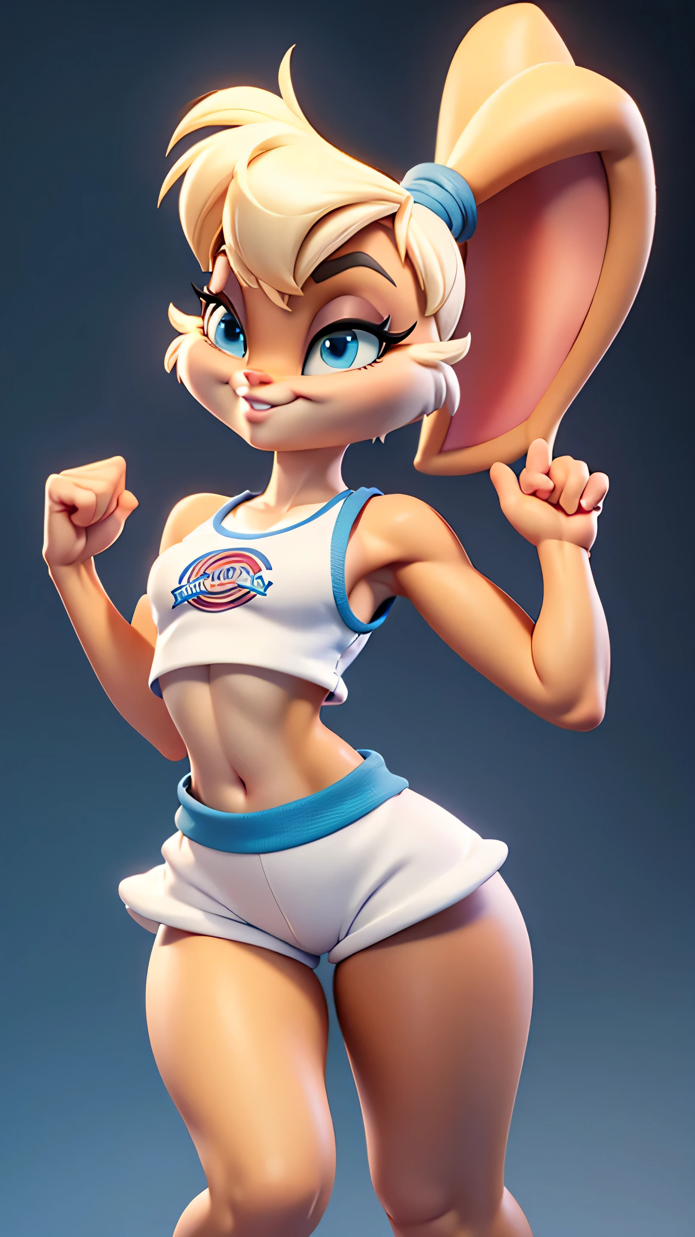 masterpiece, cartoon character, 3D, Lola bunny, doe, rabbit ears, ears up, without ears down, blue eyes, smile, slim, small breasts, flat stomach, Abdomen sexy, nice legs, piernas slims, rabbit legs, crop top, fitted shorts, short short, rabbit legs, lively urban neighborhood, 